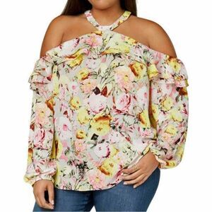 INC Floral Cold Shoulder Long Sleeve Yellow Pink Blouse Plus Size 3X NWT